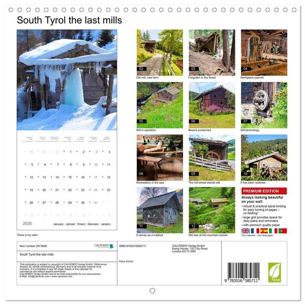 Produktbild: South Tyrol the last mills (Wall Calendar 2026 12 &times; 12 Inch) CALVENDO 12 Month Wall Calendar