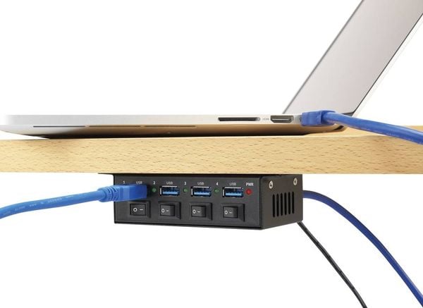Produktbild: Renkforce RF-3955362 USB-Hub 4 Port USB-A USB 3.0 5 GBit/s Metallgeh&auml;use, einzeln schaltbar, zur Wandmontage Schwarz RF-3955362