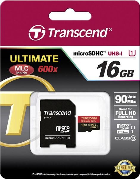 Produktbild: Transcend Ultimate (600x) microSDHC-Karte Retail 16 GB Class 10, UHS-I inkl. SD-Adapter