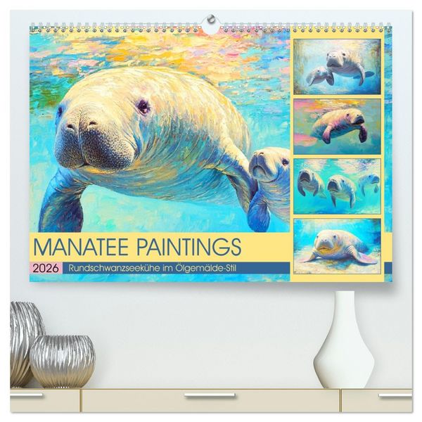 Manatee Paintings. Rundschwanzseekühe im Ölgemälde-Stil (hochwertiger Premium Wandkalender 2026 DIN A2 quer), Kunstdruck in Hochglanz
