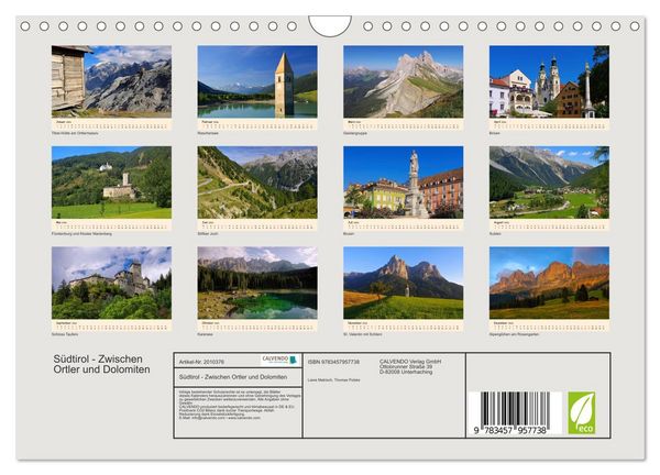 Produktbild: S&uuml;dtirol - Zwischen Ortler und Dolomiten (Wandkalender 2026 DIN A4 quer), CALVENDO Monatskalender