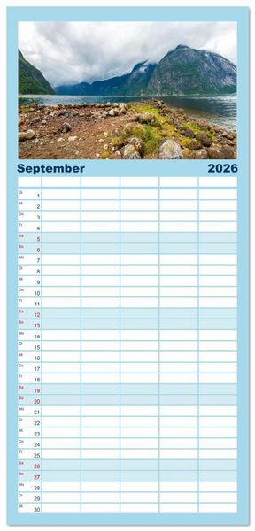 Produktbild: Familienplaner 2026 - Fjorde & Felsen &ndash; Norwegens wilde Seele mit 5 Spalten (Wandkalender, 21 x 45 cm) CALVENDO