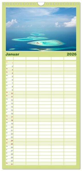 Produktbild: Familienplaner 2026 - Malediven - Wei&szlig;e Str&auml;nde und T&uuml;rkises Meer. mit 5 Spalten (Wandkalender, 21 x 45 cm) CALVENDO