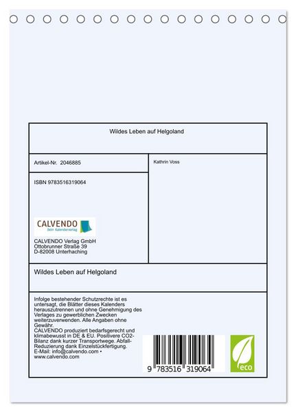 Produktbild: Wildes Leben auf Helgoland (Tischkalender 2026 DIN A5 hoch), CALVENDO Monatskalender