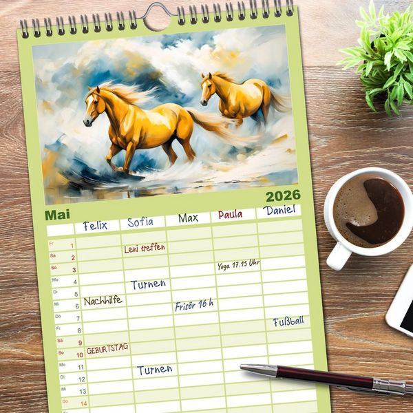 Produktbild: Familienplaner 2026 - Jahr des Pferdes - Der unbez&auml;hmbare Geist der Pferde mit 5 Spalten (Wandkalender, 21 x 45 cm) CALVENDO