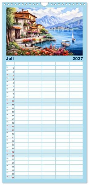 Produktbild: Familienplaner 2027 - S&uuml;dalpines Flair - Seen, Berge und Fantasiest&auml;dte mit 5 Spalten (Wandkalender, 21 x 45 cm) CALVENDO