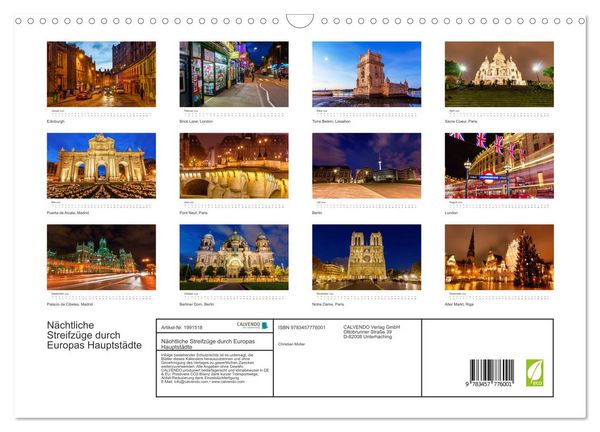 Produktbild: N&auml;chtliche Streifz&uuml;ge durch Europas Hauptst&auml;dte (Wandkalender 2026 DIN A3 quer), CALVENDO Monatskalender