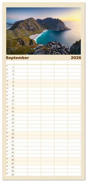 Produktbild: Familienplaner 2026 - Farben der Lofoten - Jahreszeiten jenseits des Polarkreises mit 5 Spalten (Wandkalender, 21 x 45 cm) CALVENDO