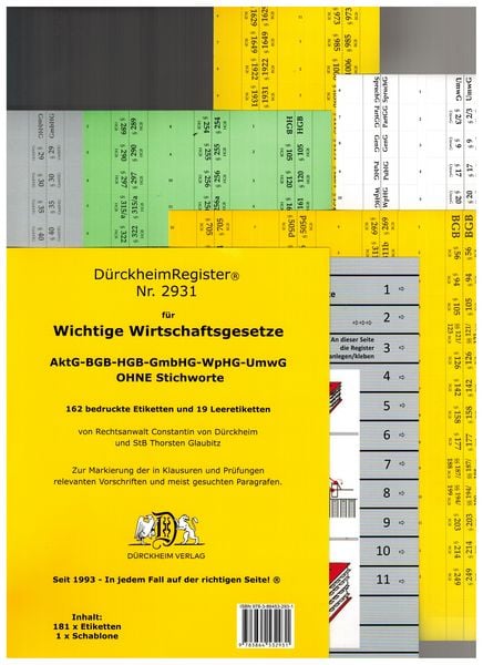 Produktbild: D&uuml;rckheimRegister&reg; WICHTIGE WIRTSCHAFTSGESETZE (BGB, HGB, GmbHG, AktG, UmwG) &sect;&sect; und Gesetze OHNE Stichworte