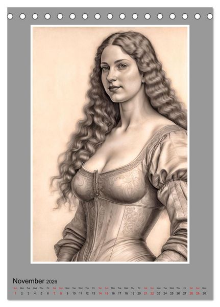 Produktbild: Baroque Beauties, Pencil Art with Artificial Intelligence (Desk Calendar 2026 DIN A5 portrait), CALVENDO 12 Month DeskCalendar