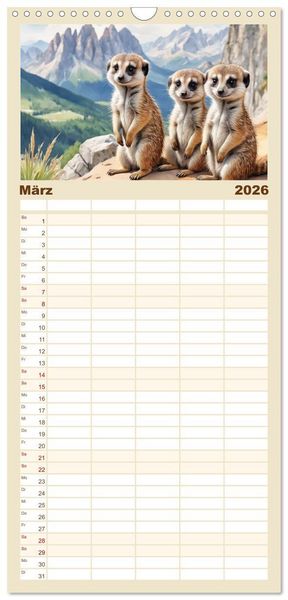 Produktbild: Familienplaner 2026 - Erdm&auml;nnchen in Italien mit 5 Spalten (Wandkalender, 21 x 45 cm) CALVENDO