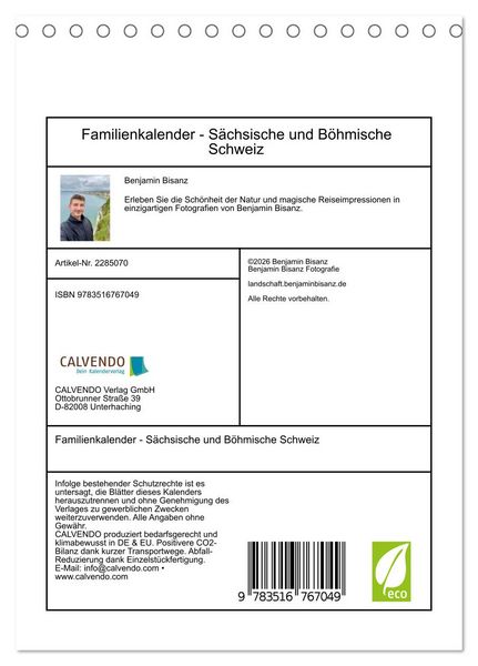 Produktbild: Familienkalender - S&auml;chsische und B&ouml;hmische Schweiz (Tischkalender 2027 DIN A5 hoch), CALVENDO Monatskalender