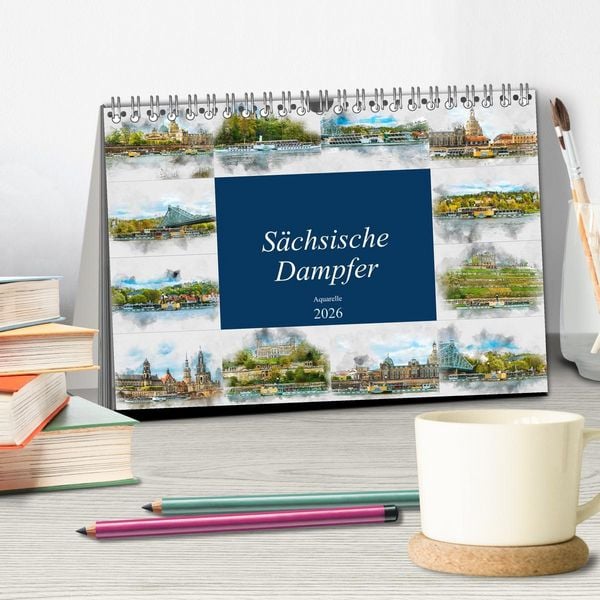 Produktbild: S&auml;chsische Dampfer Aquarelle (Tischkalender 2026 DIN A5 quer), CALVENDO Monatskalender