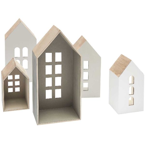 Holz-Deko-Häuser 5er aus mit online bestellen Holz Fenstern,100% Set