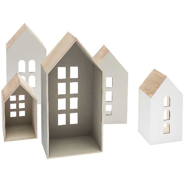 Produktbild: 5er Set Holz-Deko-H&auml;user aus Holz mit Fenstern,