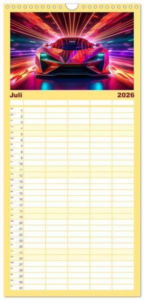 Produktbild: Familienplaner 2026 - Futuristische Neon Cars mit 5 Spalten (Wandkalender, 21 x 45 cm) CALVENDO