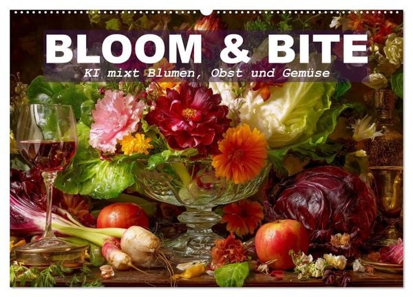 Produktbild: Bloom und Bite. KI mixt Blumen, Obst und Gem&uuml;se (Wandkalender 2026 DIN A2 quer), CALVENDO Monatskalender