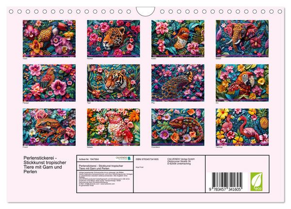 Produktbild: Perlenstickerei - Stickkunst tropischer Tiere mit Garn und Perlen (Wandkalender 2026 DIN A4 quer), CALVENDO Monatskalender