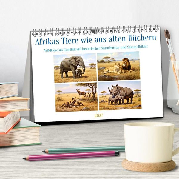 Produktbild: Afrikas Tiere wie aus alten B&uuml;chern (Tischkalender 2027 DIN A5 quer), CALVENDO Monatskalender