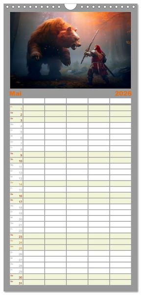 Produktbild: Familienplaner 2026 - Drachent&auml;nzer - Bildgeschichten aus dem Mittelalter mit 5 Spalten (Wandkalender, 21 x 45 cm) CALVENDO
