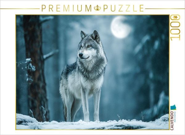 CALVENDO Puzzle Grauer Wolf im Winterwald mit Vollmond | 1000 Teile Lege-Größe 64x48cm Foto-Puzzle für glückliche Stunden