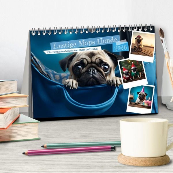Produktbild: Lustige Mops-Hunde: Die charmanten Meister von Chaos und Unfug (Tischkalender 2026 DIN A5 quer), CALVENDO Monatskalender