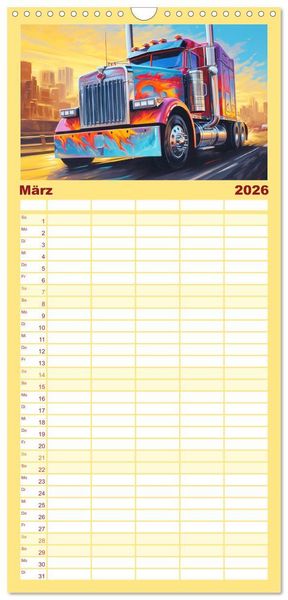 Produktbild: Familienplaner 2026 - Langhauber Paintings. Trucks in lebendigen Farben mit 5 Spalten (Wandkalender, 21 x 45 cm) CALVENDO