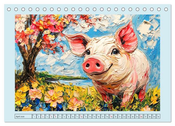 Produktbild: Lustiges Borstenvieh. Zauberhafte Schweinchen im &Ouml;lgem&auml;lde-Stil (Tischkalender 2026 DIN A5 quer), CALVENDO Monatskalender