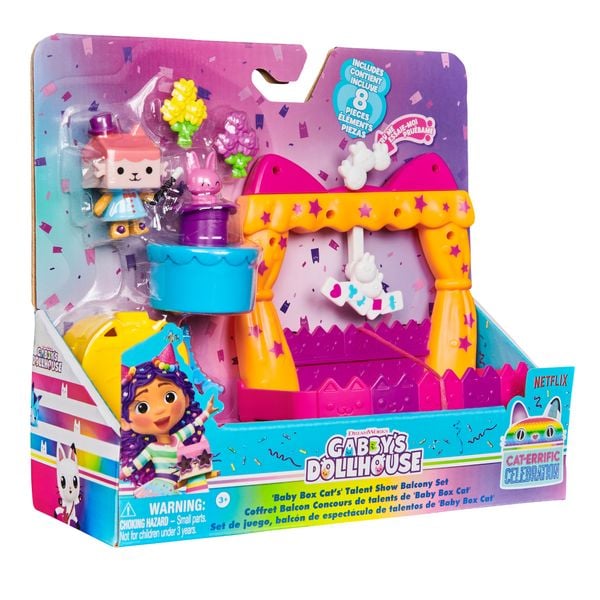 Produktbild: Gabby's Dollhouse, Balkon-Spielset Baby Box Talentwettbewerb, 8-teiliges Set mit Katzenfigur und Zubehörteilen