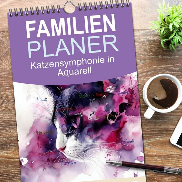 Produktbild: Familienplaner 2026 - Katzensymphonie in Aquarell mit 5 Spalten (Wandkalender, 21 x 45 cm) CALVENDO