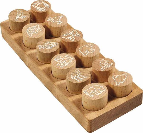 Produktbild: COLOP Woodies Holzstempel Set Exotische Tiere, mit 12 Motiven, Abdruckgr&ouml;&szlig;e: &Oslash; 29 mm, eckig