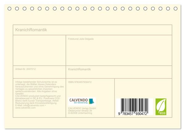Produktbild: KranichRomantik (Tischkalender 2026 DIN A5 quer), CALVENDO Monatskalender