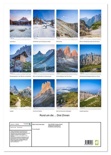 Produktbild: Rund um die ... Drei Zinnen (Wandkalender 2026 DIN A2 hoch), CALVENDO Monatskalender