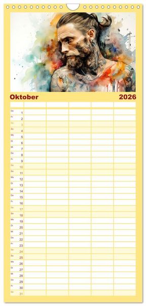 Produktbild: Familienplaner 2026 - Tattoo trifft Kunst mit 5 Spalten (Wandkalender, 21 x 45 cm) CALVENDO