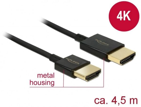 Delock HDMI Anschlusskabel HDMI-A Stecker, HDMI-A Stecker 4.50 m Schwarz 84775 4K UHD, vergoldete Steckkontakte HDMI-Kab