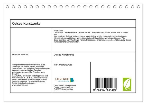Produktbild: Ostsee Kunstwerke (Tischkalender 2026 DIN A5 quer), CALVENDO Monatskalender