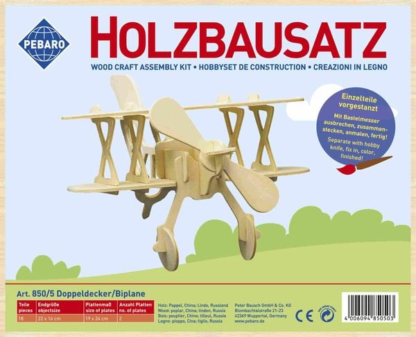 Produktbild: PEBARO 850/5 - Holzbausatz Doppeldecker, 18 Teile, Holzkonstruktion zum Zusammenstecken
