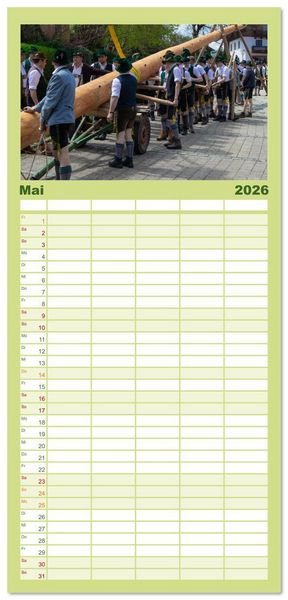 Produktbild: Familienplaner 2026 - Maibaum aufstellen mit 5 Spalten (Wandkalender, 21 x 45 cm) CALVENDO
