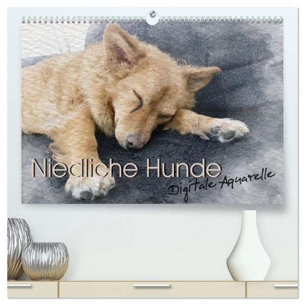 Niedliche Hunde - Digitale Aquarelle (hochwertiger Premium Wandkalender 2025 DIN A2 quer), Kunstdruck in Hochglanz