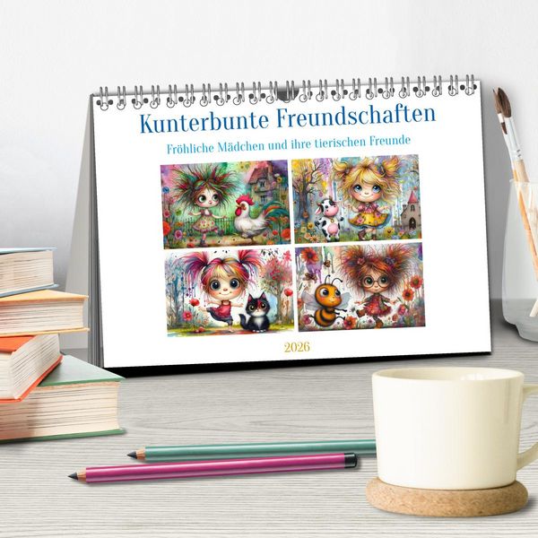 Produktbild: Kunterbunte Freundschaften - Fr&ouml;hliche M&auml;dchen und ihre tierischen Freunde (Tischkalender 2026 DIN A5 quer), CALVENDO Monatskalender