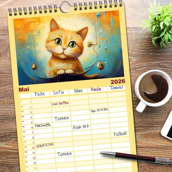Produktbild: Familienplaner 2026 - Lustige Katzen im Stil der Meister mit 5 Spalten (Wandkalender, 21 x 45 cm) CALVENDO