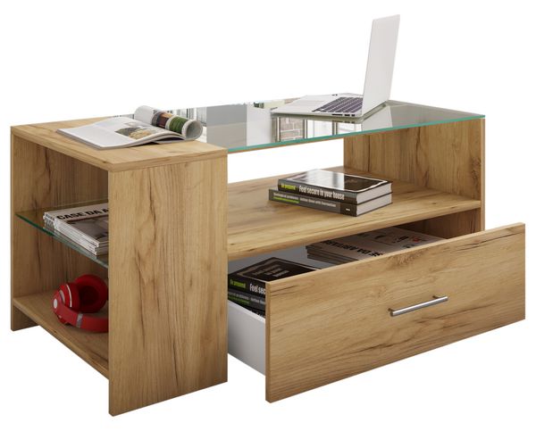 Produktbild: Holz Sofatisch Couchtisch Schublade Glas Tindala