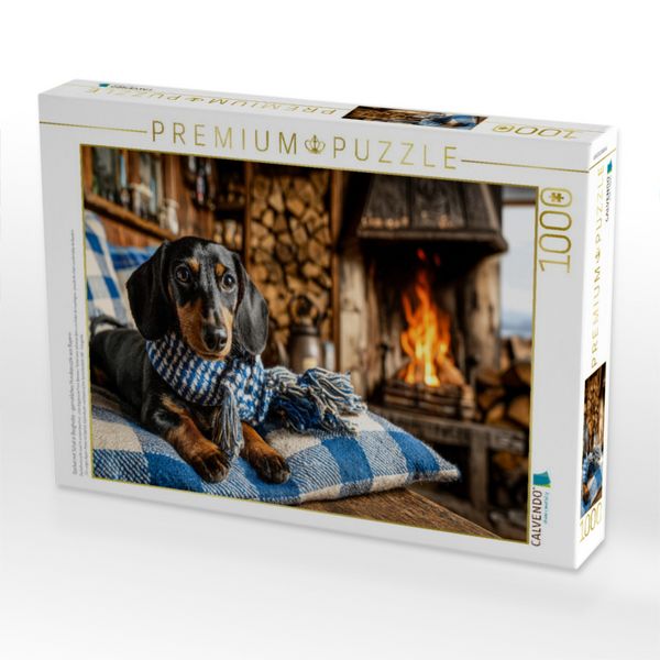 Produktbild: CALVENDO Puzzle Dackel mit Schal in Bergh&uuml;tte - gem&uuml;tliches Hundepuzzle aus Bayern | 1000 Teile Lege-Gr&ouml;&szlig;e 64x48cm Foto-Puzzle f&uuml;r gl&uuml;ckliche Stunden