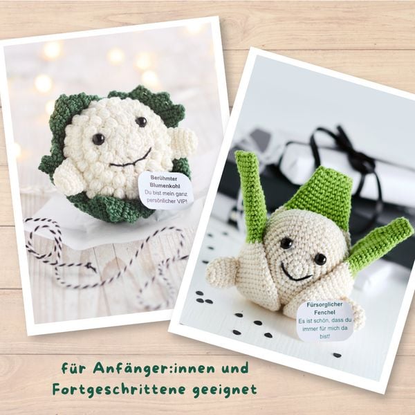 Produktbild: Emotional Support Veggies. Kleine H&auml;kelfiguren mit positiven Botschaften