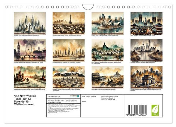 Produktbild: Von New York bis Tokio - Ein KI-Kalender f&uuml;r Weltenbummler (Wandkalender 2026 DIN A4 quer), CALVENDO Monatskalender
