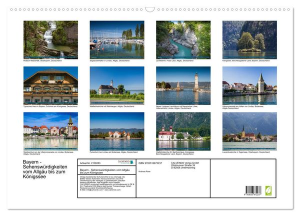 Produktbild: Bayern - Sehensw&uuml;rdigkeiten vom Allg&auml;u bis zum K&ouml;nigssee (Wandkalender 2026 DIN A2 quer), CALVENDO Monatskalender