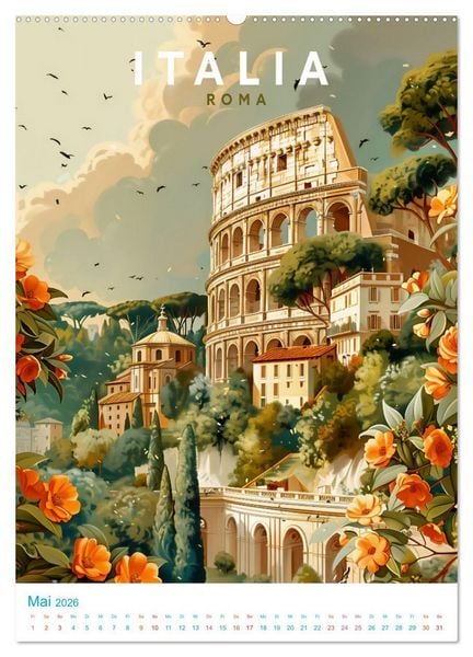 Produktbild: Italien - Old School Poster Style (hochwertiger Premium Wandkalender 2026 DIN A2 hoch), Kunstdruck in Hochglanz