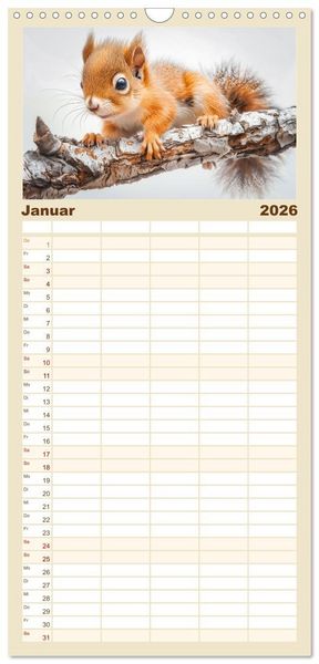 Produktbild: Familienplaner 2026 - Lustige Eichh&ouml;rnchen mit 5 Spalten (Wandkalender, 21 x 45 cm) CALVENDO
