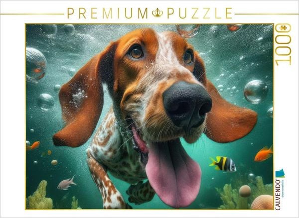 CALVENDO Puzzle Deutscher Jagdhund taucht fröhlich unter Wasser | 1000 Teile Lege-Größe 64x48cm Foto-Puzzle für glücklic