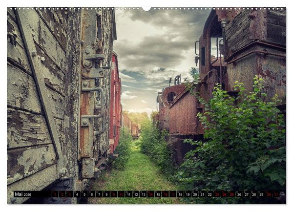 Produktbild: Lokomotiven und Wagen - Verfallen und vergessen auf dem Abstellgleis (hochwertiger Premium Wandkalender 2026 DIN A2 quer), Kunstdruck in Hochglanz